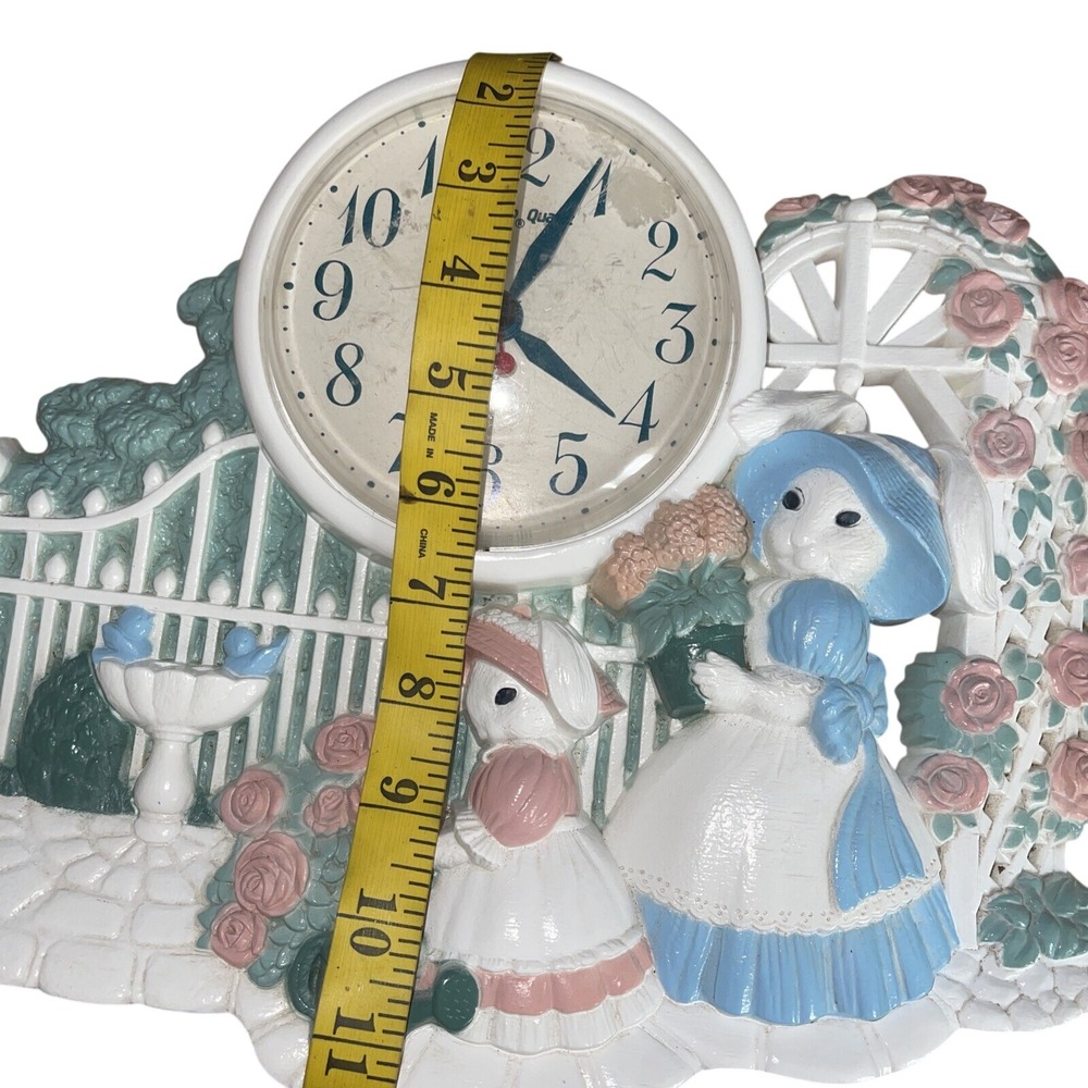 Homco Quartz Bunny Rabbit Garden Scene Mantel Clock Pink Roses Gate - Picture 16 of 16